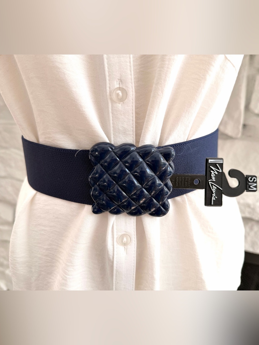 Vintage Nan Lewis Navy Stretch Belt S/M Acrylic Buckle New With Original Tags